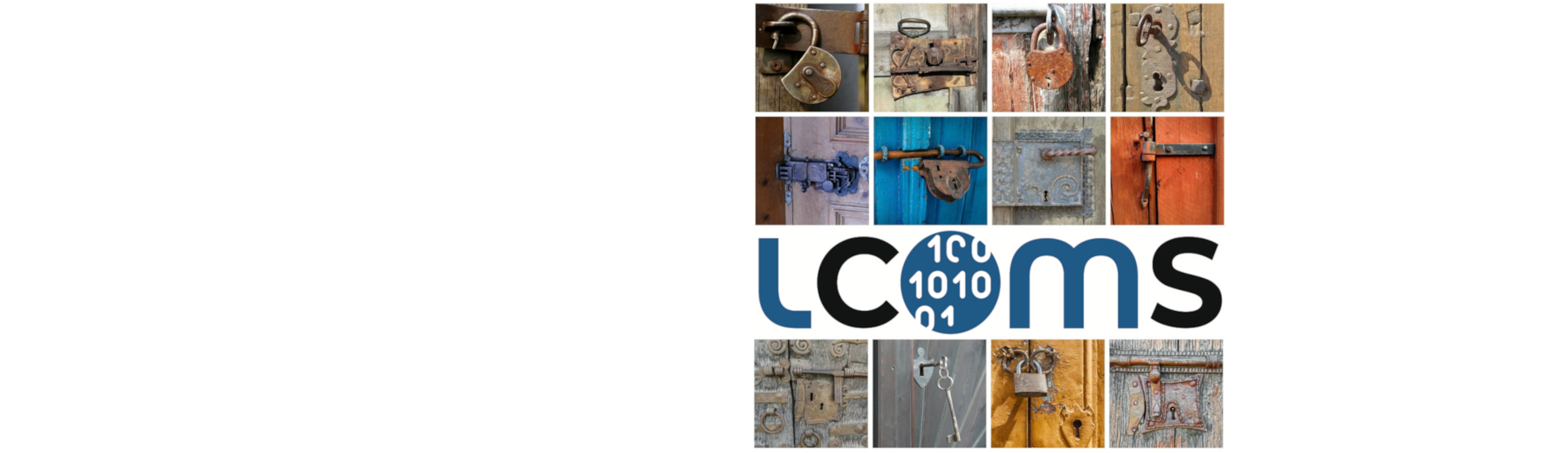 Logo LCOMS devant un mur de cadenas vintages